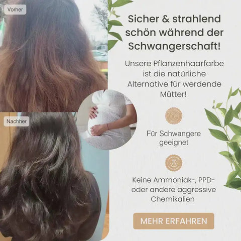 Vorher-Nachher-Bild von Haaren mit Pflanzenhaarfarbe, Text für Schwangerschaft, natürliche Pflege