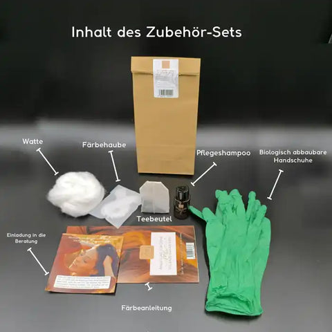 Basic Zubehör Set für Pflanzenhaarfarben (Watte, Shampoo, Handschuhe, Haube, Schwarztee, Anleitung)