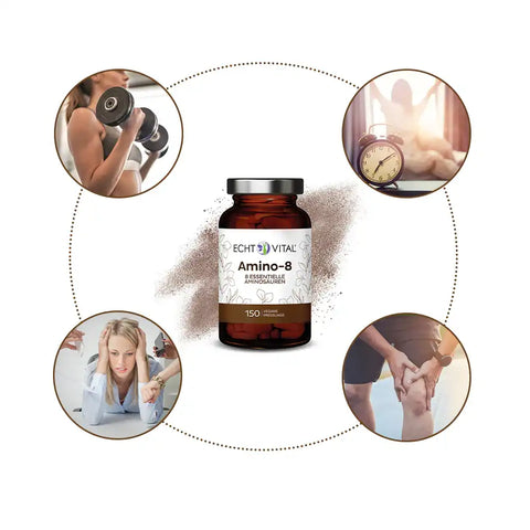 Echt Vital Amino-8 Kapseln mit Sport, Stress, Wecker und Knieschmerz Symbolen