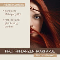 Frau mit intensiv rot gefärbtem Haar, Pflanzenhaarfarbe Mahagoni Rot Anzeige