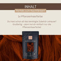 Pflanzenhaarfarbe Packung auf roten Haaren, Nachfärbe-Hinweis, natürliche Haarfarbe