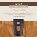 Pflanzenhaarfarbe Packung auf hellbraunem Haar, Text über Inhalt und Nachfärben, vegan