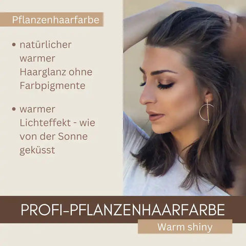 Frau mit glänzenden, braunen Haaren, Profi-Pflanzenhaarfarbe Werbung, natürlicher Haarglanz