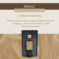 Pflanzenhaarfarbe Nachfüllpackung auf blondem Haar, Text: Inhalt, perfekt zum Nachfärben