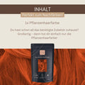 Pflanzenhaarfarbe Verpackung vor rot gefärbtem Haar, Text zur Nachfärbung, vegan, natürlich
