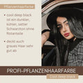 Frau mit langem, glänzend schwarzem Haar, pflanzliche Haarfarbe Cool Deep Black beworben