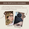 Vorher-Nachher-Vergleich Haarfarbe, Frau mit blonden und gefärbten dunklen Haaren, Detailansicht