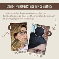 Vorher-Nachher-Vergleich Haarfarbe, Frau mit blonden und gefärbten dunklen Haaren, Detailansicht