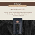 Pflanzenhaarfarbe Nachfärben-Packung vor schwarzem Haar, Text mit Produktdetails, natürliches Haarfärbemittel