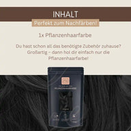 Pflanzenhaarfarbe Nachfärben-Packung vor schwarzem Haar, Text mit Produktdetails, natürliches Haarfärbemittel