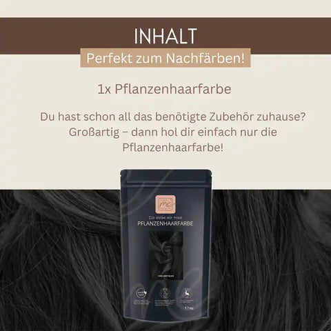 Pflanzenhaarfarbe Nachfärben-Packung vor schwarzem Haar, Text mit Produktdetails, natürliches Haarfärbemittel