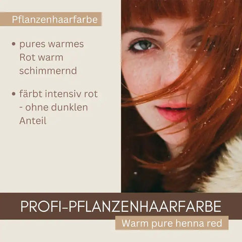 Frau mit intensiv rotem Haar im Schnee, Text zu warmer Pflanzenhaarfarbe, Profi-Pflanzenhaarfarbe