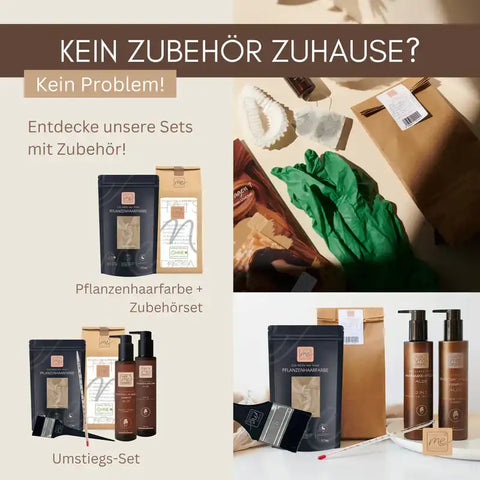 Pflanzenhaarfarbe Sets mit Zubehör, Pinsel, Handschuhen und Pflegeprodukten auf hellem Hintergrund