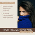 Frau mit kühlem dunkelbraunem Haar und blauem Pullover, Text: Profi-Pflanzenhaarfarbe, cool deep brown