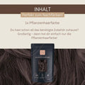 Packung Pflanzenhaarfarbe vor braunem Haar, Text über Nachfärben und Inhalt der Packung.