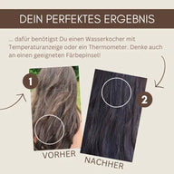 Vorher-Nachher-Vergleich von Haarfarbe, links hellbraun, rechts dunkelbraun, Haarfärbeergebnis