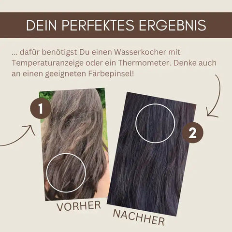 Vorher-Nachher-Vergleich von Haarfarbe, links hellbraun, rechts dunkelbraun, Haarfärbeergebnis