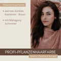 Frau mit langen, kastanienbraunen Haaren, Text zu Pflanzenhaarfarbe, Profi-Haarfarbe, Mahagony Schimmer