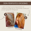 Vorher-Nachher-Vergleich Haarfarbe, Ansatz vorher grau, danach glänzend braun, Färbeergebnis