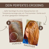 Vorher-Nachher-Vergleich Haarfarbe, Ansatz vorher grau, danach glänzend braun, Färbeergebnis
