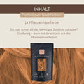 Pflanzenhaarfarbe Beutel vor rotblondem Haar, vegane Haarfarbe Verpackung, Nachfärben Inhalt
