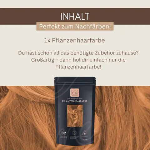 Pflanzenhaarfarbe Beutel vor rotblondem Haar, vegane Haarfarbe Verpackung, Nachfärben Inhalt