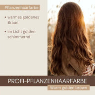 Frau mit langen, warm goldbraunen, glänzenden Haaren, Pflanzenhaarfarbe Produktbild