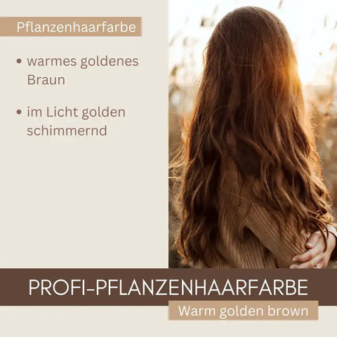 Frau mit langen, warm goldbraunen, glänzenden Haaren, Pflanzenhaarfarbe Produktbild