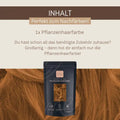 Pflanzenhaarfarbe Packung auf roten Haaren, Nachfärben Hinweis, natürlicher Haarfarbe