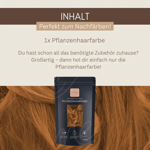 Pflanzenhaarfarbe Packung auf roten Haaren, Nachfärben Hinweis, natürlicher Haarfarbe