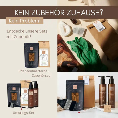 Sets mit Pflanzenhaarfarbe, Zubehör, Pinsel, Handschuhen und Flaschen auf beigem Hintergrund