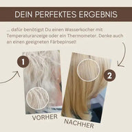 Vorher-nachher Vergleich blondes Haar, Ergebnis Haarfärbung, glattes gepflegtes Haar