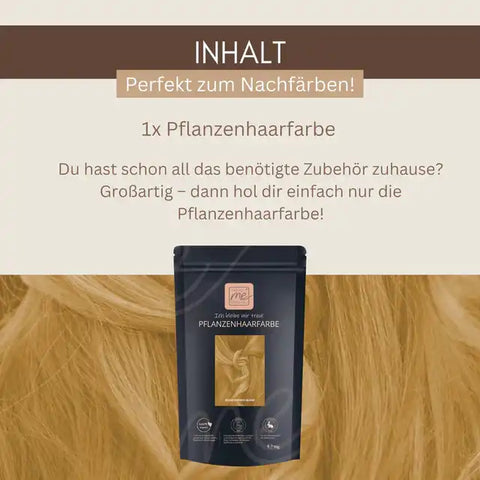 Pflanzenhaarfarbe Packung vor blondem Haar, Text: Inhalt, perfekt zum Nachfärben