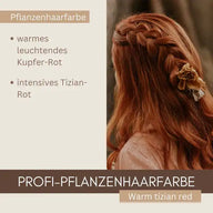 Frau mit geflochtenem Kupfer-Rot Haar, Werbung für pflanzliche Haarfarbe Tizian-Rot