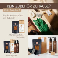Pflanzenhaarfarbe Set mit Zubehör, Handschuhe, Flaschen und braune Verpackung, natürlicher Look