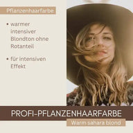 Frau mit warm blond gefärbtem Haar, Hut, Schriftzug Profi-Pflanzenhaarfarbe warm sahara blond