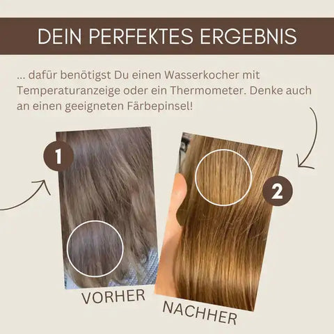 Vorher-Nachher Vergleich: braunes Haar vor und nach Färbung, Frisur und Glanz sichtbar