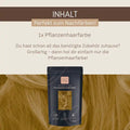 Pflanzenhaarfarbe Packung vor blondem Haar, Inhaltshinweis perfekt zum Nachfärben, deutsches Produktfoto