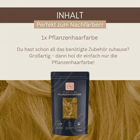 Pflanzenhaarfarbe Packung vor blondem Haar, Inhaltshinweis perfekt zum Nachfärben, deutsches Produktfoto