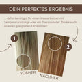 Vorher-nachher Vergleich von gefärbtem Haar, Farbunterschied deutlich sichtbar, Haarfärbeergebnis