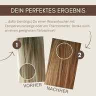 Vorher-nachher Vergleich von gefärbtem Haar, Farbunterschied deutlich sichtbar, Haarfärbeergebnis