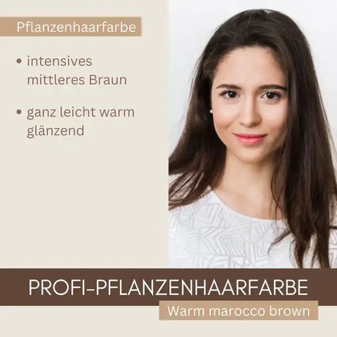 Frau mit glattem, braunem Haar wirbt für Profi-Pflanzenhaarfarbe warm marocco brown