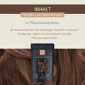 Pflanzenhaarfarbe Packung auf braunem Haar, Text zur Nachfärbung und Produktinhalt.
