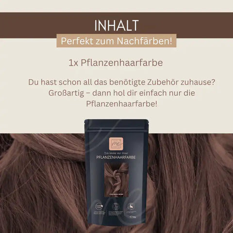 Pflanzenhaarfärbe-Verpackung vor braunen Haaren, Text über Nachfärben und Inhalt