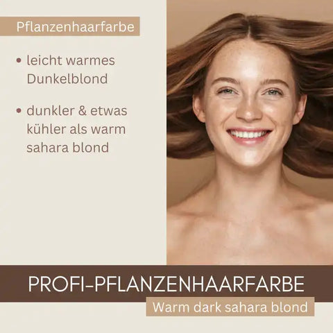 Lächelnde Frau mit leicht warmem dunkelblondem Haar, Profi-Pflanzenhaarfarbe Produktpräsentation
