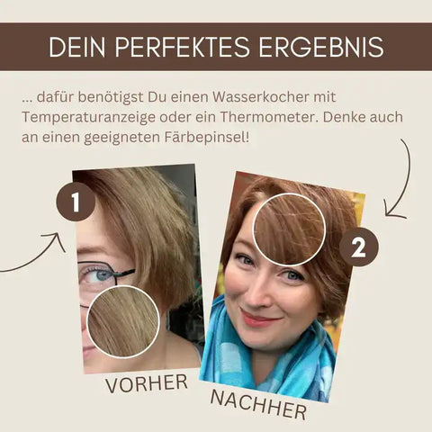 Vorher-Nachher Foto Haarfarbe, Frau mit kurzem Haar, Ergebnis Haarfärbung Vergleich