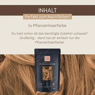 Pflanzenhaarfarbe Verpackung vor blondem Haar, Text zur Anwendung und Zubehör-Hinweis