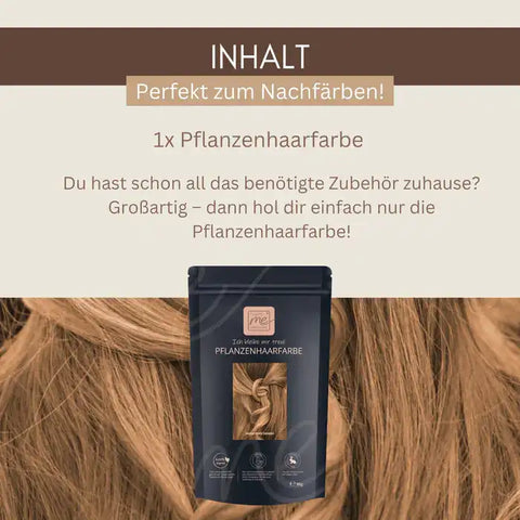 Pflanzenhaarfarbe Verpackung vor blondem Haar, Text zur Anwendung und Zubehör-Hinweis