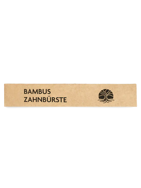 Braune Bambus Zahnbürste Verpackung mit schwarzem Logo und Schriftzug auf weißem Hintergrund