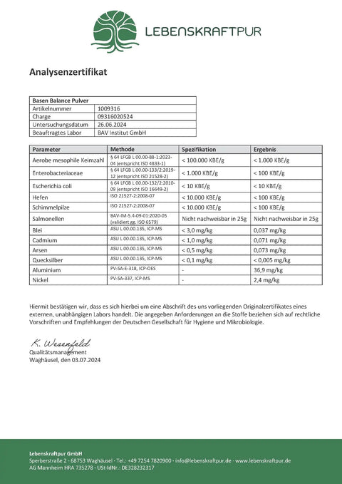 Analysenzertifikat für Basen Balance Pulver von Lebenskraftpur, Laborwerte und Schadstoffanalyse